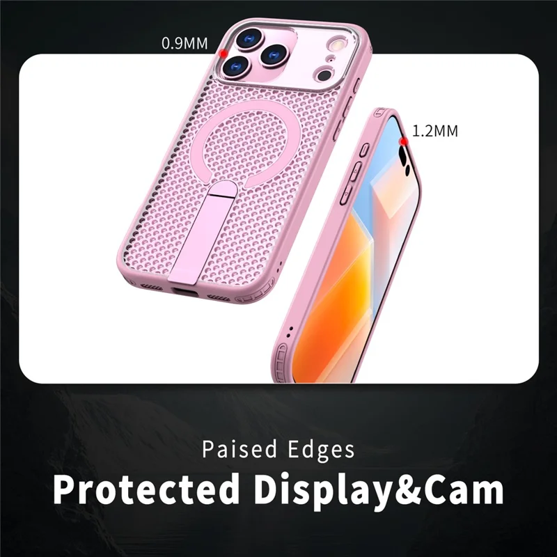 For iPhone 17 Pro Max Magnetic Case Kickstand Grid Texture TPU PC Phone Back Cover - Pink