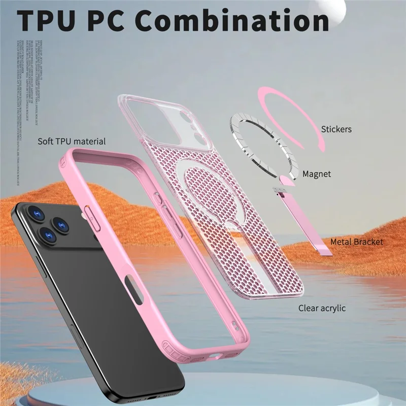 For iPhone 17 Pro Max Magnetic Case Kickstand Grid Texture TPU PC Phone Back Cover - Pink