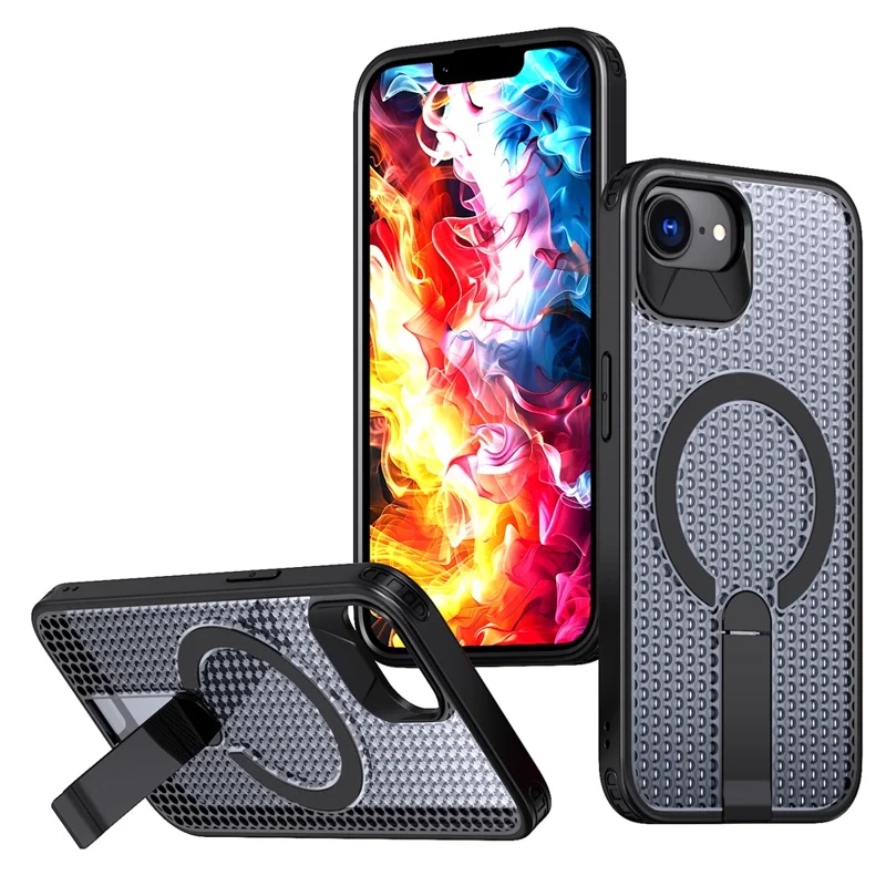 Чехол для iPhone 16e с магнитной подставкой, сетчатой текстурой, ТПУ и ПК, черный