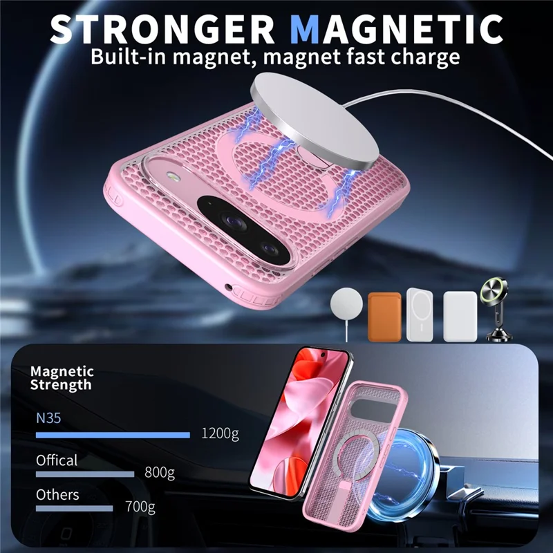 For Google Pixel 10 Magnetic Case Kickstand Grid Texture TPU PC Phone Back Cover - Pink