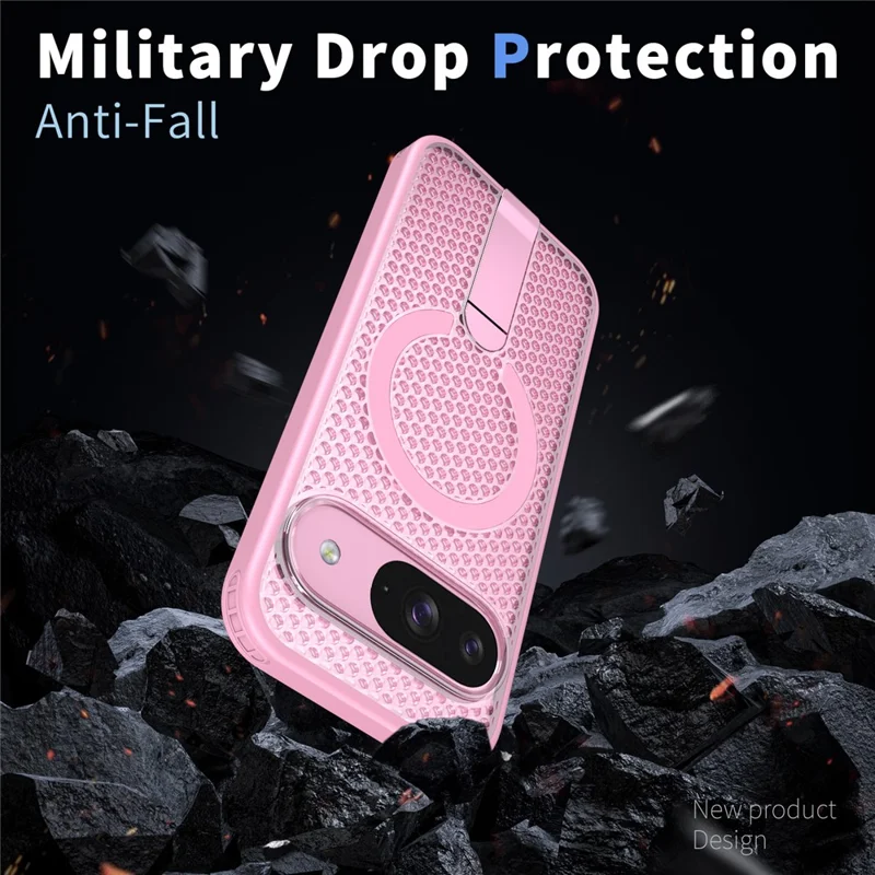 For Google Pixel 10 Magnetic Case Kickstand Grid Texture TPU PC Phone Back Cover - Pink