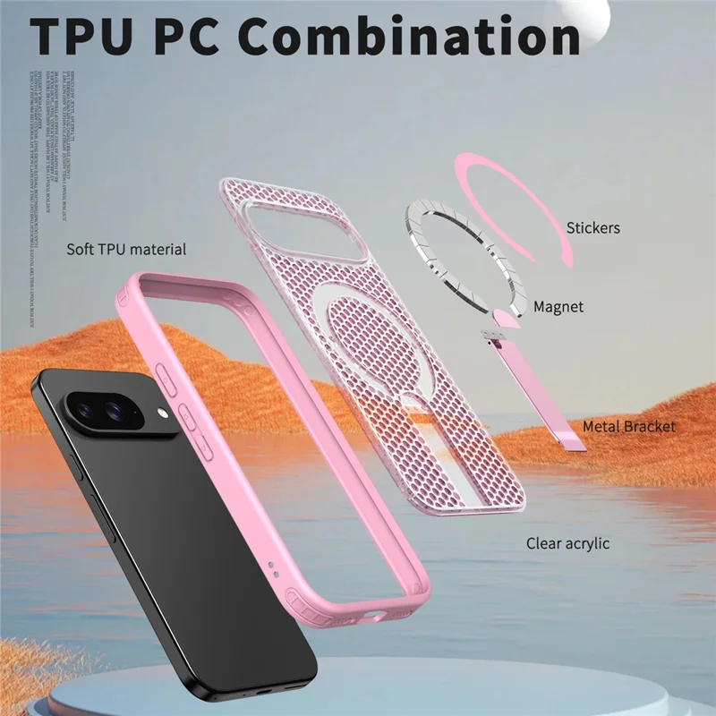 For Google Pixel 10 Magnetic Case Kickstand Grid Texture TPU PC Phone Back Cover - Pink