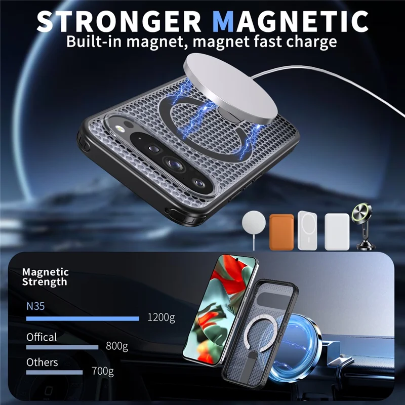 For Google Pixel 10 Pro XL Magnetic Case Kickstand Grid Texture TPU PC Phone Back Cover - Black