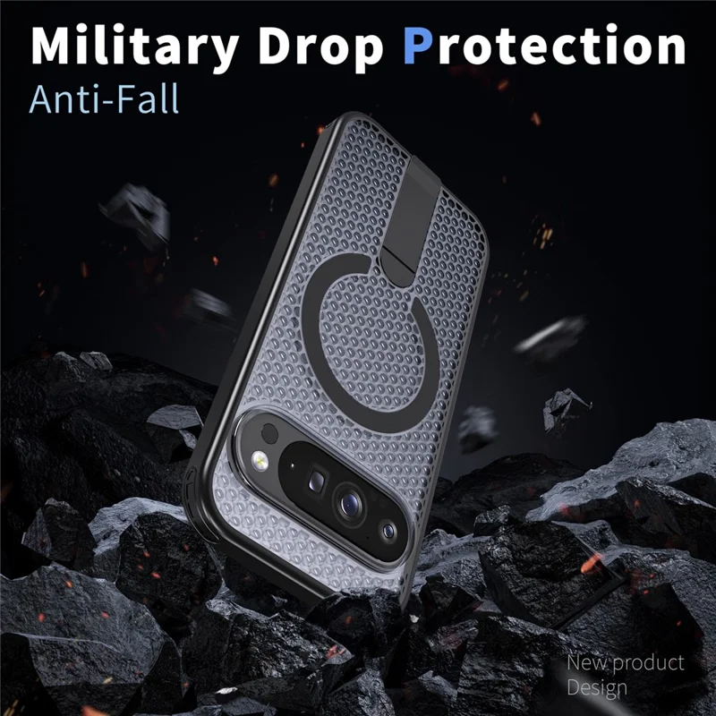 For Google Pixel 10 Pro XL Magnetic Case Kickstand Grid Texture TPU PC Phone Back Cover - Black