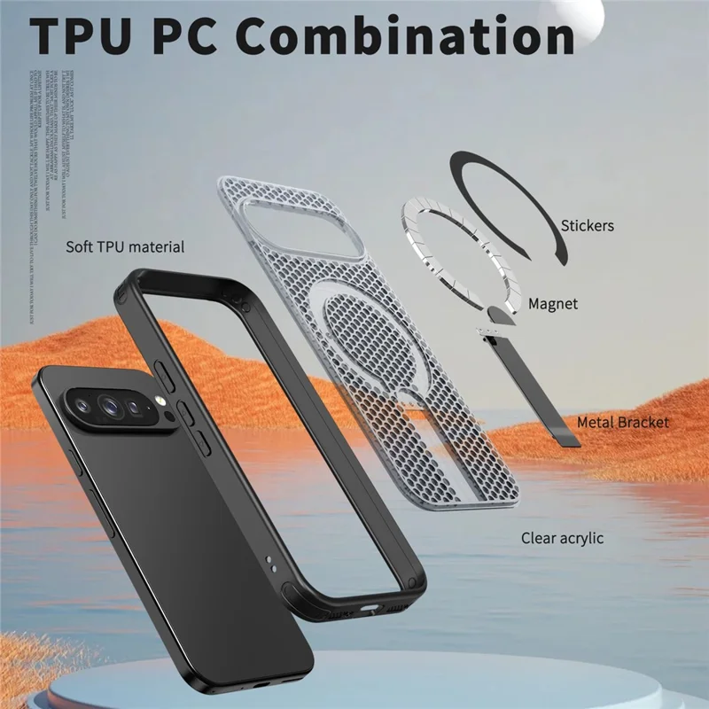 For Google Pixel 10 Pro XL Magnetic Case Kickstand Grid Texture TPU PC Phone Back Cover - Black