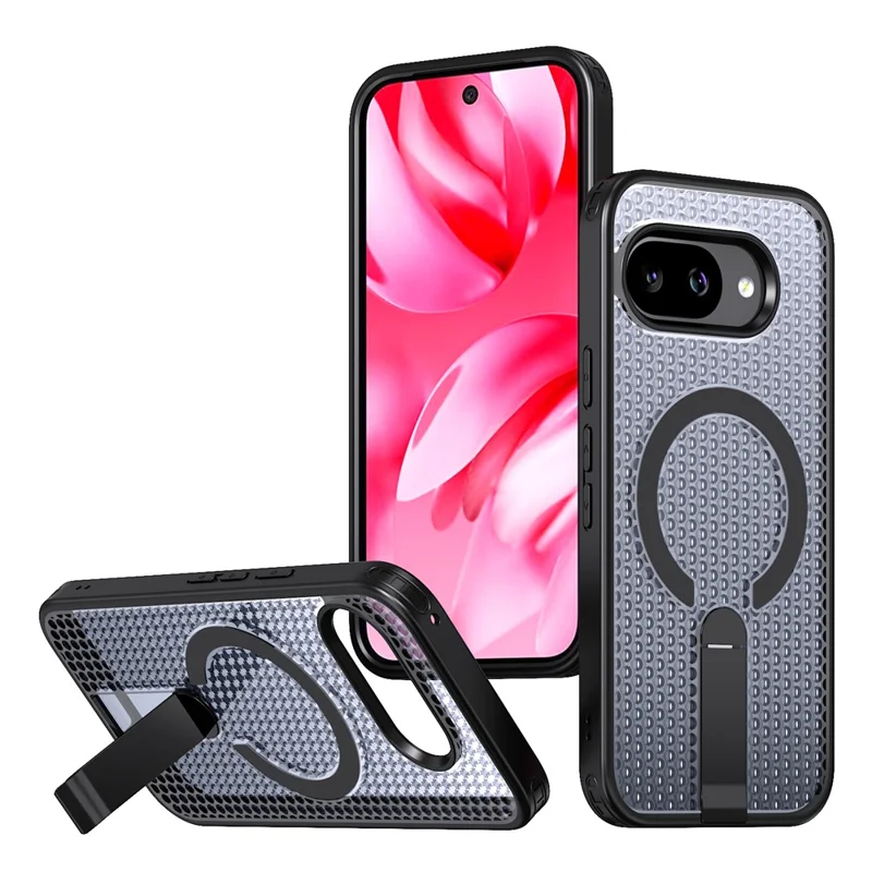 For Google Pixel 9a Magnetic Case Kickstand Grid Texture TPU PC Phone Back Cover - Black
