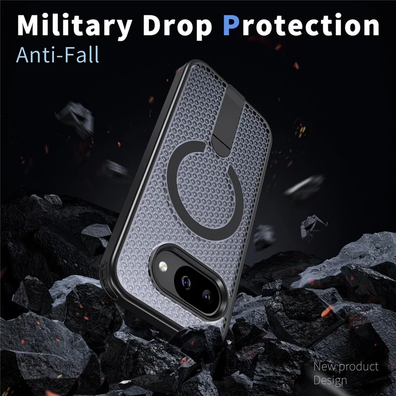 For Google Pixel 9a Magnetic Case Kickstand Grid Texture TPU PC Phone Back Cover - Black