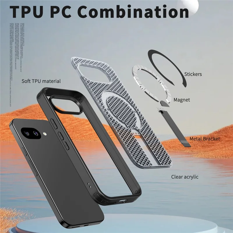 For Google Pixel 9a Magnetic Case Kickstand Grid Texture TPU PC Phone Back Cover - Black
