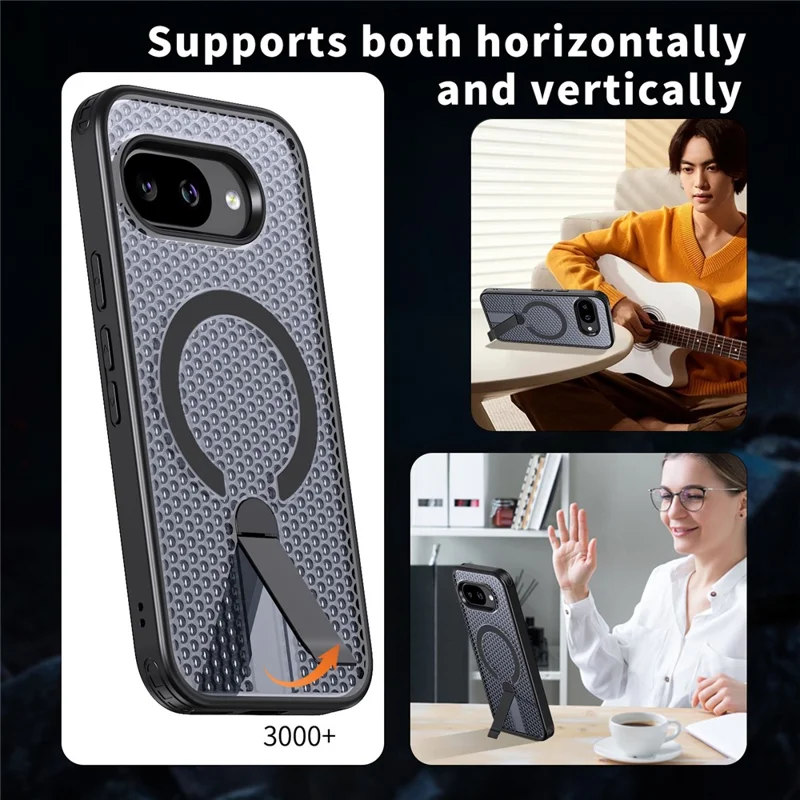For Google Pixel 9a Magnetic Case Kickstand Grid Texture TPU PC Phone Back Cover - Black