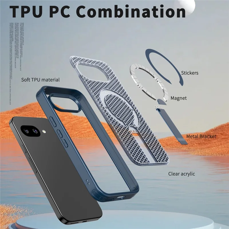 For Google Pixel 9a Magnetic Case Kickstand Grid Texture TPU PC Phone Back Cover - Blue