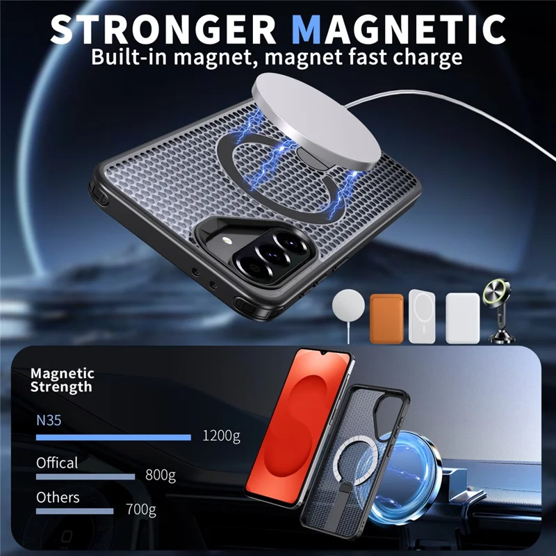 For Samsung Galaxy A26 5G Magnetic Case Kickstand Grid Texture TPU PC Phone Back Cover - Black