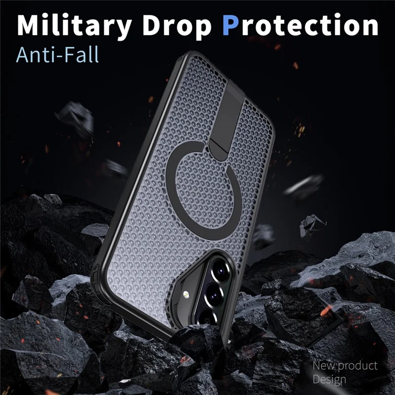 For Samsung Galaxy A26 5G Magnetic Case Kickstand Grid Texture TPU PC Phone Back Cover - Black