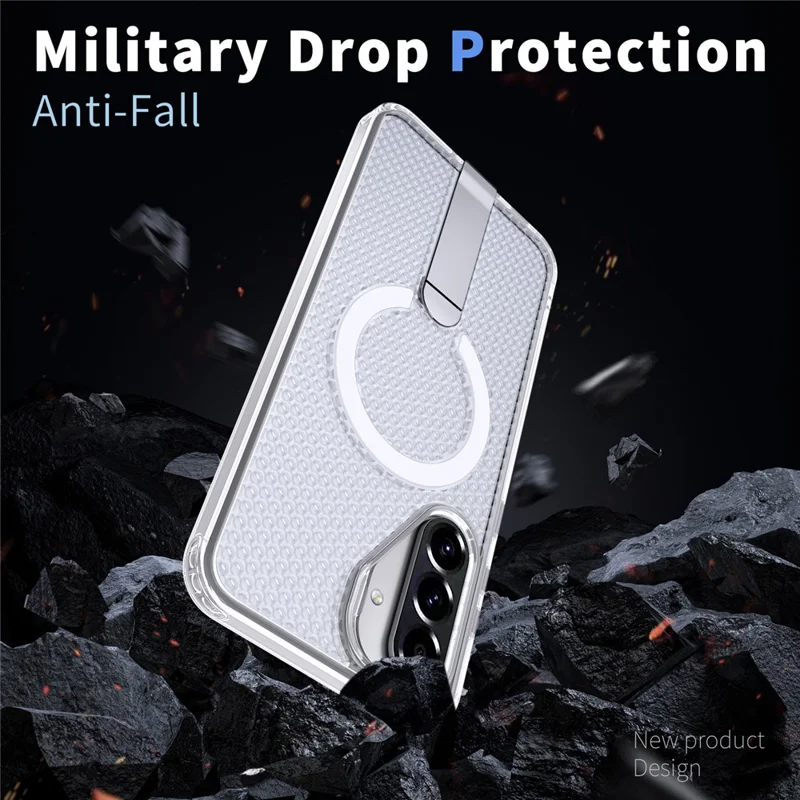 For Samsung Galaxy A26 5G Magnetic Case Kickstand Grid Texture TPU PC Phone Back Cover - Transparent