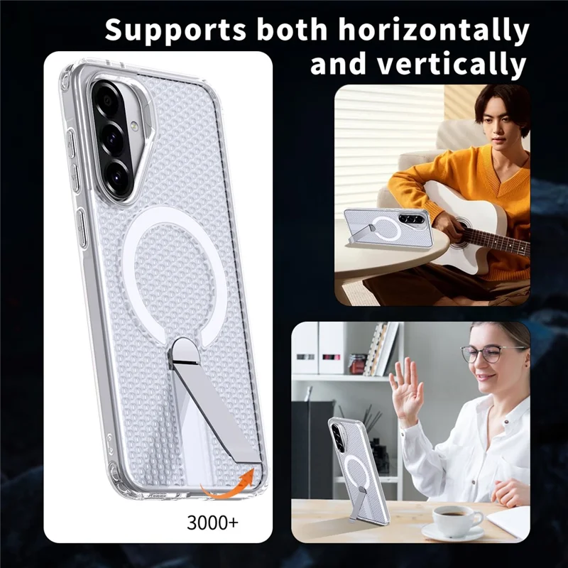 For Samsung Galaxy A26 5G Magnetic Case Kickstand Grid Texture TPU PC Phone Back Cover - Transparent