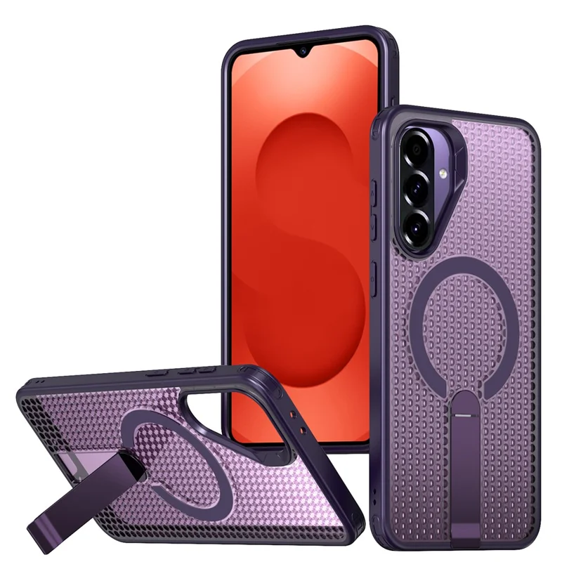 For Samsung Galaxy A26 5G Magnetic Case Kickstand Grid Texture TPU PC Phone Back Cover - Purple