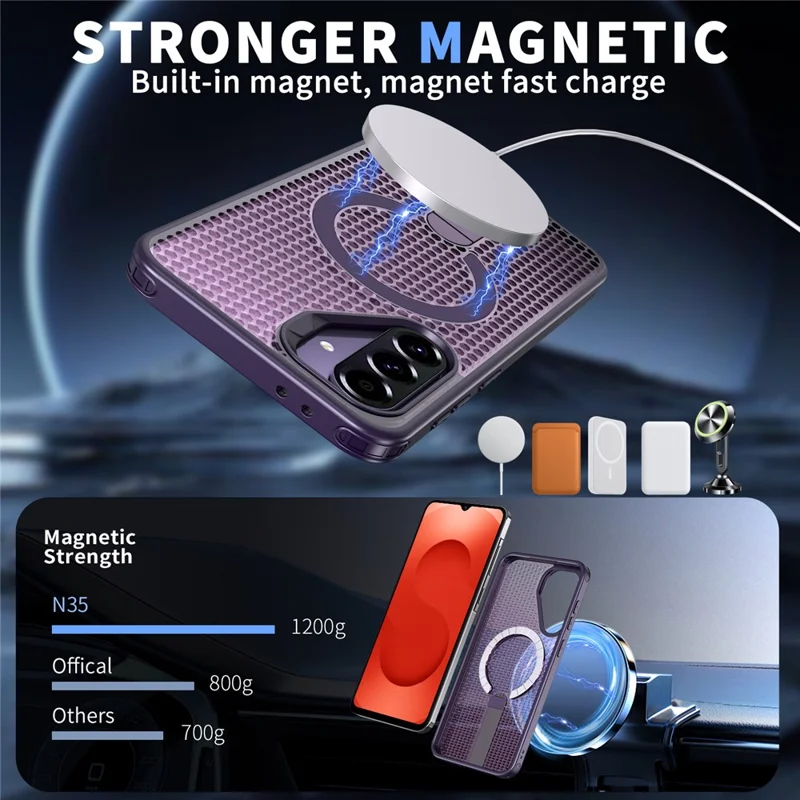 For Samsung Galaxy A26 5G Magnetic Case Kickstand Grid Texture TPU PC Phone Back Cover - Purple