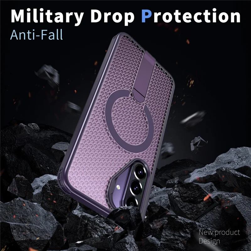 For Samsung Galaxy A26 5G Magnetic Case Kickstand Grid Texture TPU PC Phone Back Cover - Purple