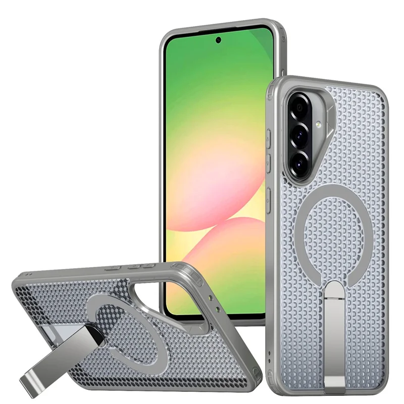 Voor Samsung Galaxy A56 5G Magnetische Case met Steunpootje en Rasterstructuur TPU PC Telefoonhoesje - Titanium Grijs