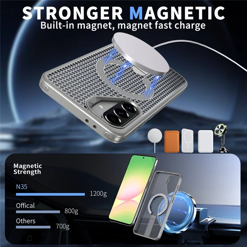 Voor Samsung Galaxy A56 5G Magnetische Case met Steunpootje en Rasterstructuur TPU PC Telefoonhoesje - Titanium Grijs