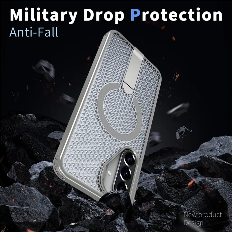 Voor Samsung Galaxy A56 5G Magnetische Case met Steunpootje en Rasterstructuur TPU PC Telefoonhoesje - Titanium Grijs