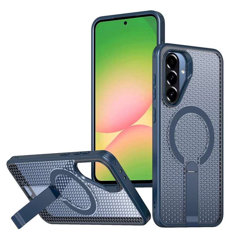 For Samsung Galaxy A56 5G Magnetic Case Kickstand Grid Texture TPU PC Phone Back Cover - Blue