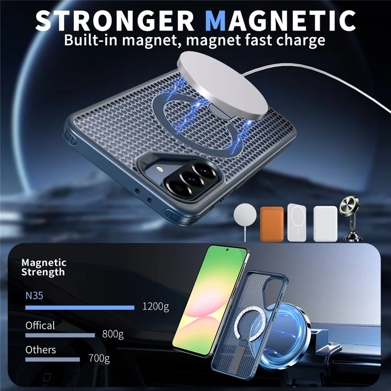 For Samsung Galaxy A56 5G Magnetic Case Kickstand Grid Texture TPU PC Phone Back Cover - Blue