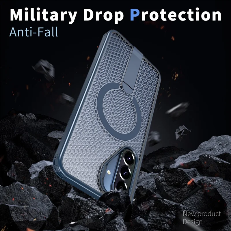For Samsung Galaxy A56 5G Magnetic Case Kickstand Grid Texture TPU PC Phone Back Cover - Blue