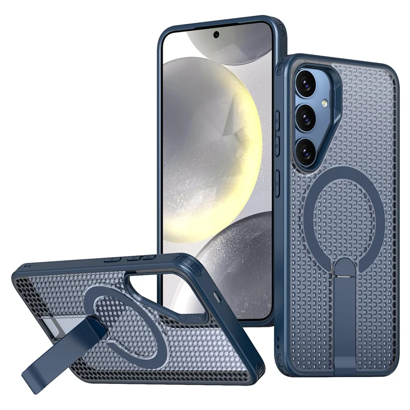 For Samsung Galaxy S25 Magnetic Case Kickstand Grid Texture TPU PC Phone Back Cover - Blue