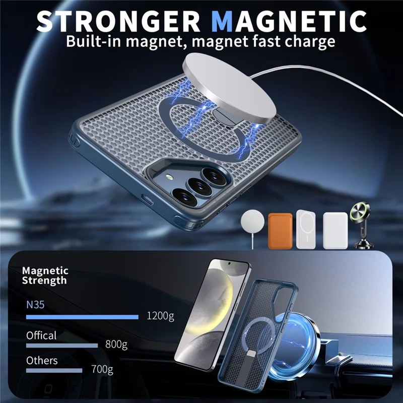 For Samsung Galaxy S25 Magnetic Case Kickstand Grid Texture TPU PC Phone Back Cover - Blue