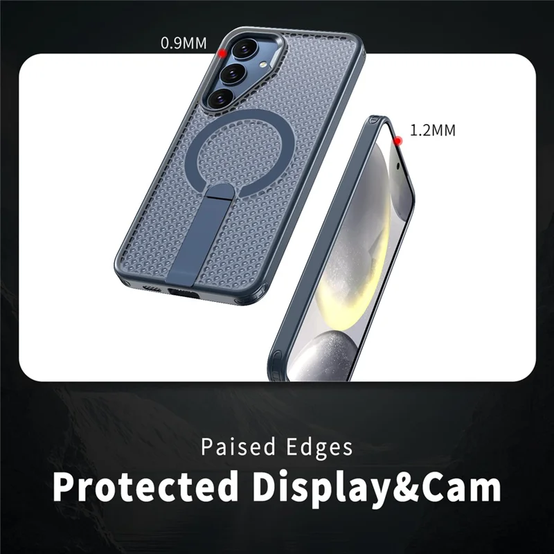 For Samsung Galaxy S25 Magnetic Case Kickstand Grid Texture TPU PC Phone Back Cover - Blue