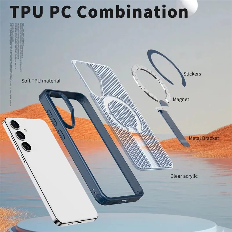 For Samsung Galaxy S25 Magnetic Case Kickstand Grid Texture TPU PC Phone Back Cover - Blue