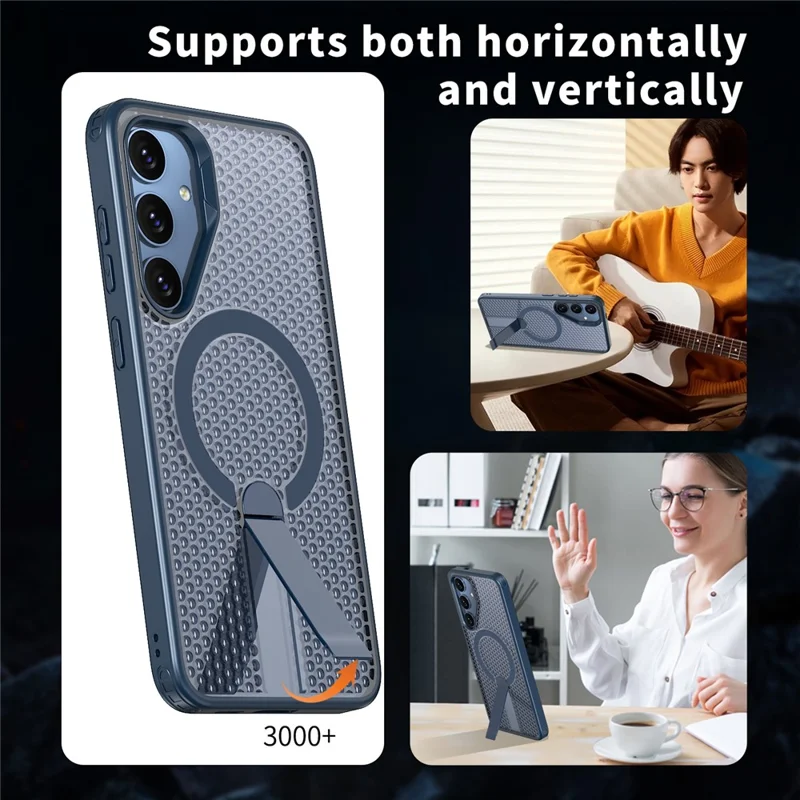For Samsung Galaxy S25 Magnetic Case Kickstand Grid Texture TPU PC Phone Back Cover - Blue