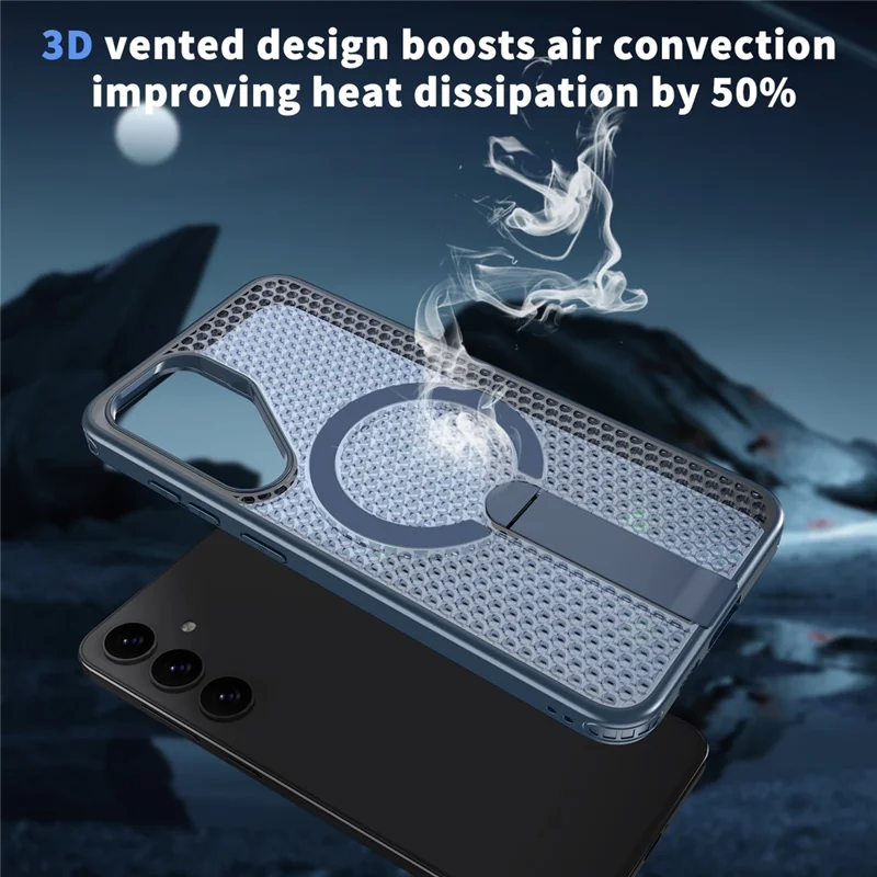 For Samsung Galaxy S25 Magnetic Case Kickstand Grid Texture TPU PC Phone Back Cover - Blue