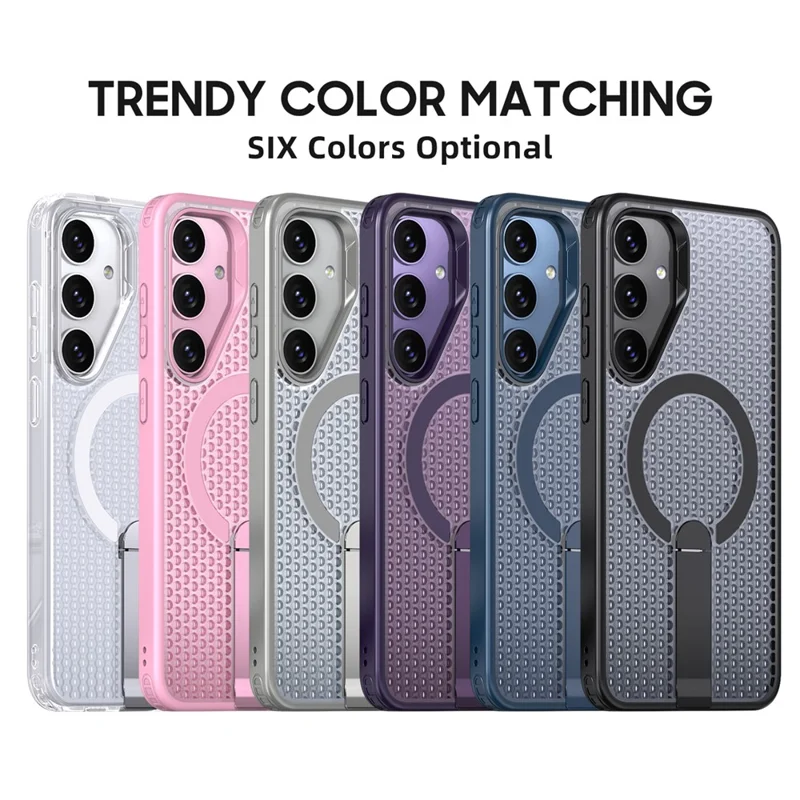 For Samsung Galaxy S25 Magnetic Case Kickstand Grid Texture TPU PC Phone Back Cover - Blue