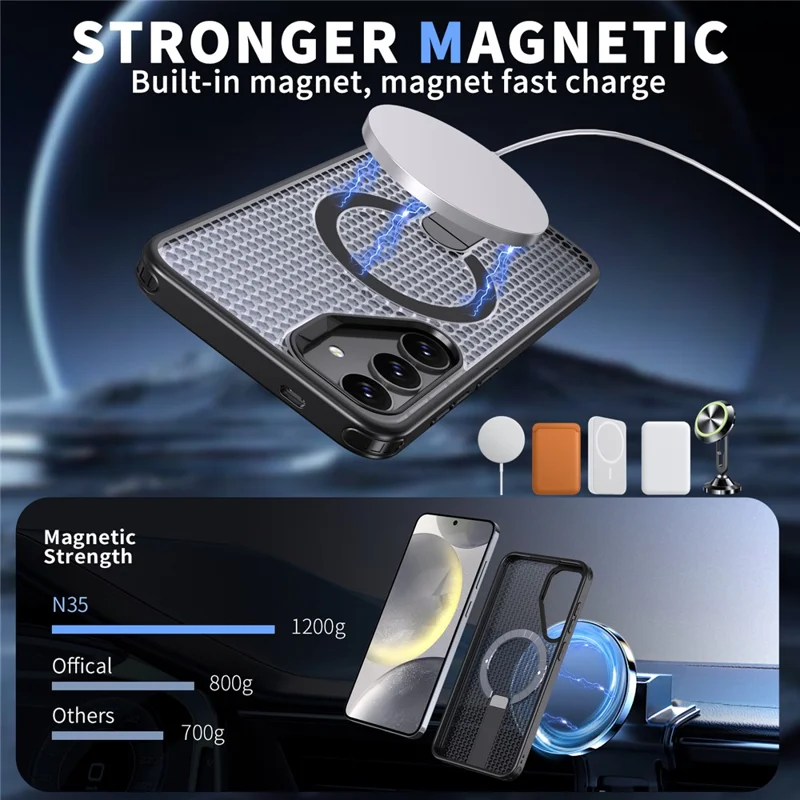For Samsung Galaxy S25+ Magnetic Case Kickstand Grid Texture TPU PC Phone Back Cover - Black