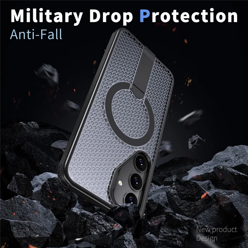 For Samsung Galaxy S25+ Magnetic Case Kickstand Grid Texture TPU PC Phone Back Cover - Black