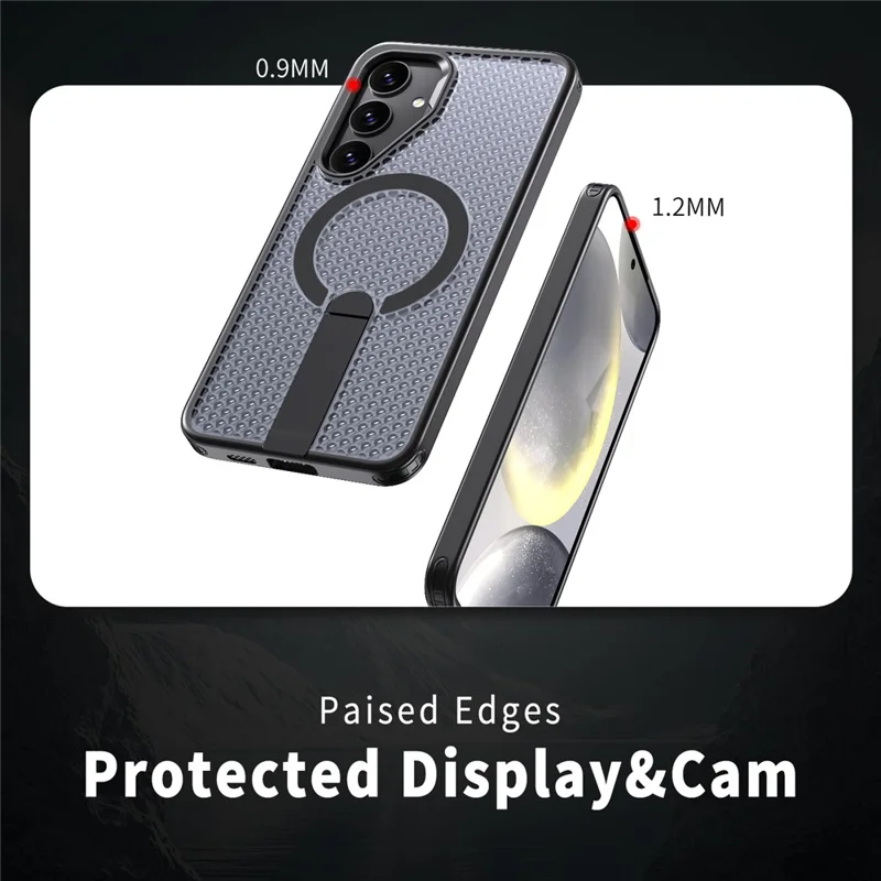 For Samsung Galaxy S25+ Magnetic Case Kickstand Grid Texture TPU PC Phone Back Cover - Black
