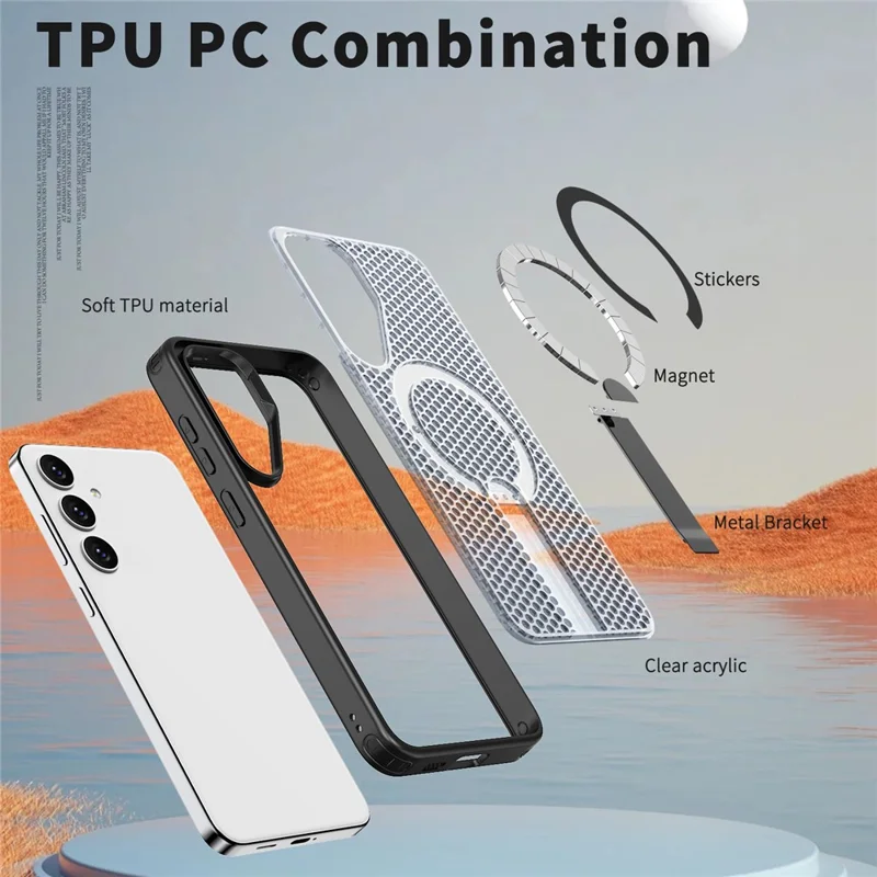 For Samsung Galaxy S25+ Magnetic Case Kickstand Grid Texture TPU PC Phone Back Cover - Black