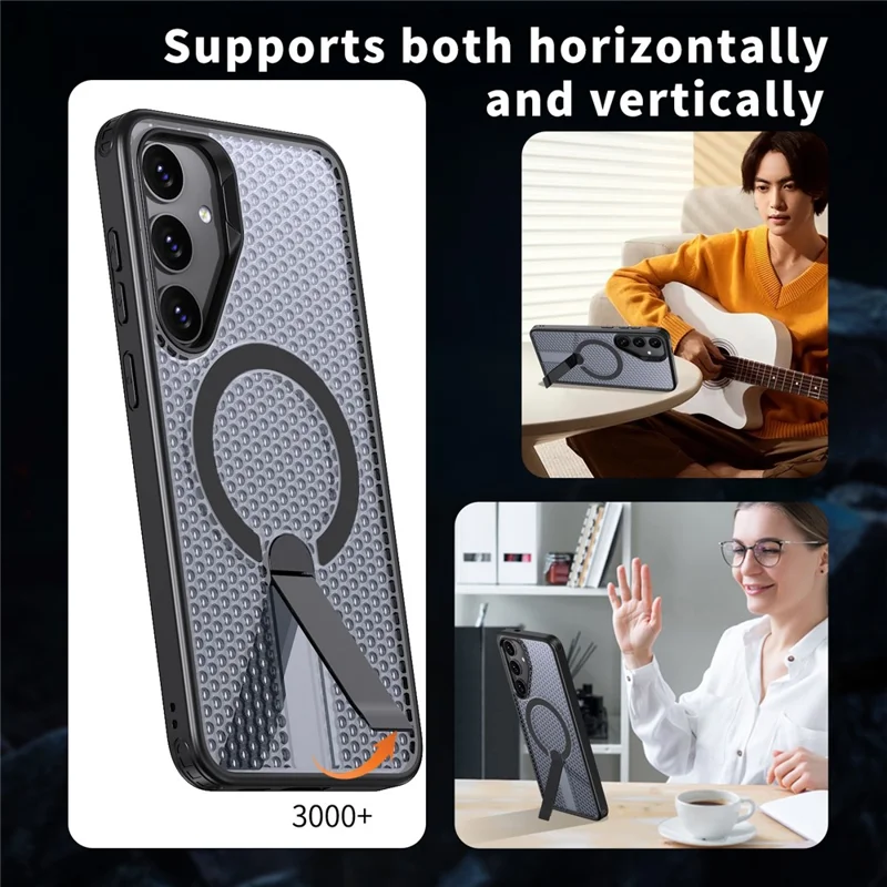 For Samsung Galaxy S25+ Magnetic Case Kickstand Grid Texture TPU PC Phone Back Cover - Black