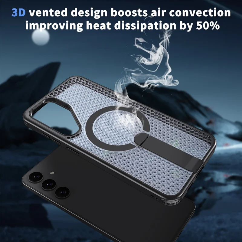 For Samsung Galaxy S25+ Magnetic Case Kickstand Grid Texture TPU PC Phone Back Cover - Black