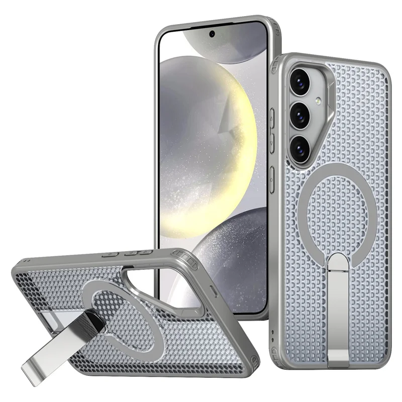 For Samsung Galaxy S25+ Magnetic Case Kickstand Grid Texture TPU PC Phone Back Cover - Titanium Grey