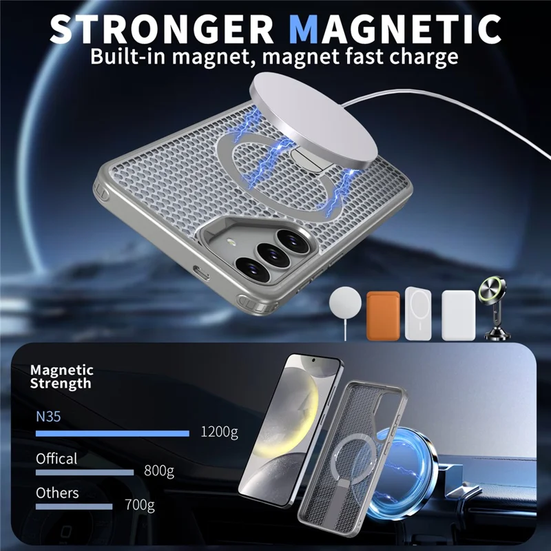For Samsung Galaxy S25+ Magnetic Case Kickstand Grid Texture TPU PC Phone Back Cover - Titanium Grey