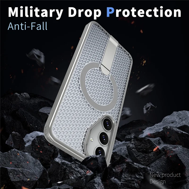 For Samsung Galaxy S25+ Magnetic Case Kickstand Grid Texture TPU PC Phone Back Cover - Titanium Grey