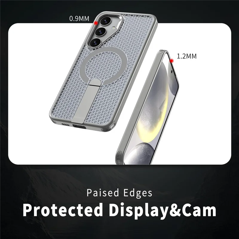 For Samsung Galaxy S25+ Magnetic Case Kickstand Grid Texture TPU PC Phone Back Cover - Titanium Grey