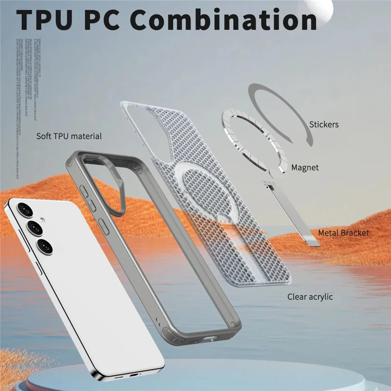 For Samsung Galaxy S25+ Magnetic Case Kickstand Grid Texture TPU PC Phone Back Cover - Titanium Grey