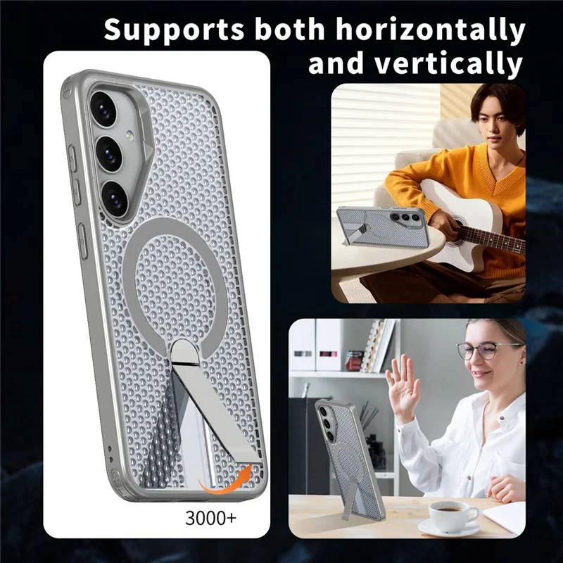 For Samsung Galaxy S25+ Magnetic Case Kickstand Grid Texture TPU PC Phone Back Cover - Titanium Grey