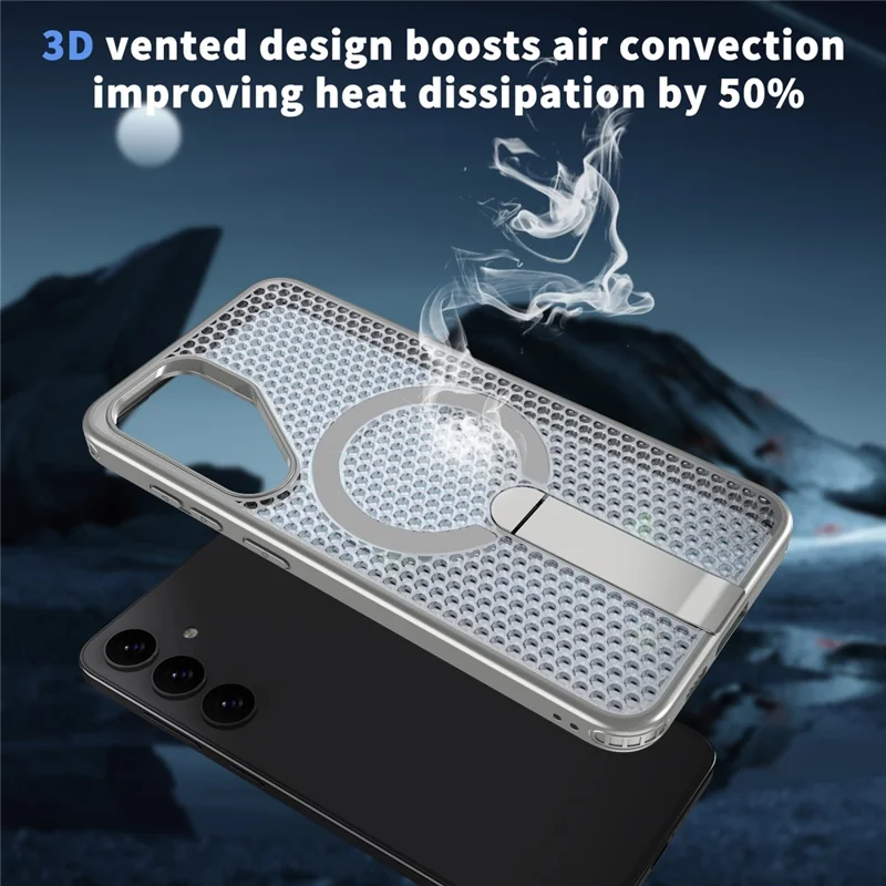 For Samsung Galaxy S25+ Magnetic Case Kickstand Grid Texture TPU PC Phone Back Cover - Titanium Grey