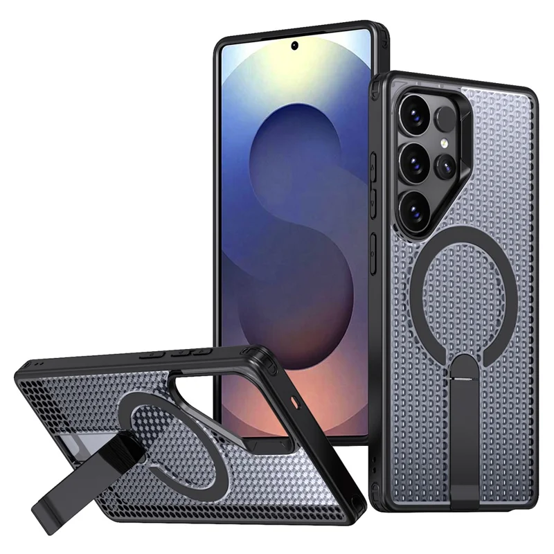 For Samsung Galaxy S25 Ultra Magnetic Case Kickstand Grid Texture TPU PC Phone Back Cover - Black