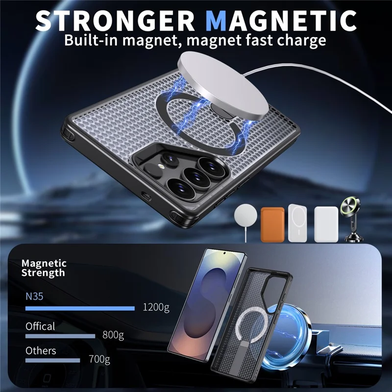 For Samsung Galaxy S25 Ultra Magnetic Case Kickstand Grid Texture TPU PC Phone Back Cover - Black