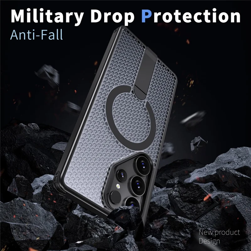 For Samsung Galaxy S25 Ultra Magnetic Case Kickstand Grid Texture TPU PC Phone Back Cover - Black